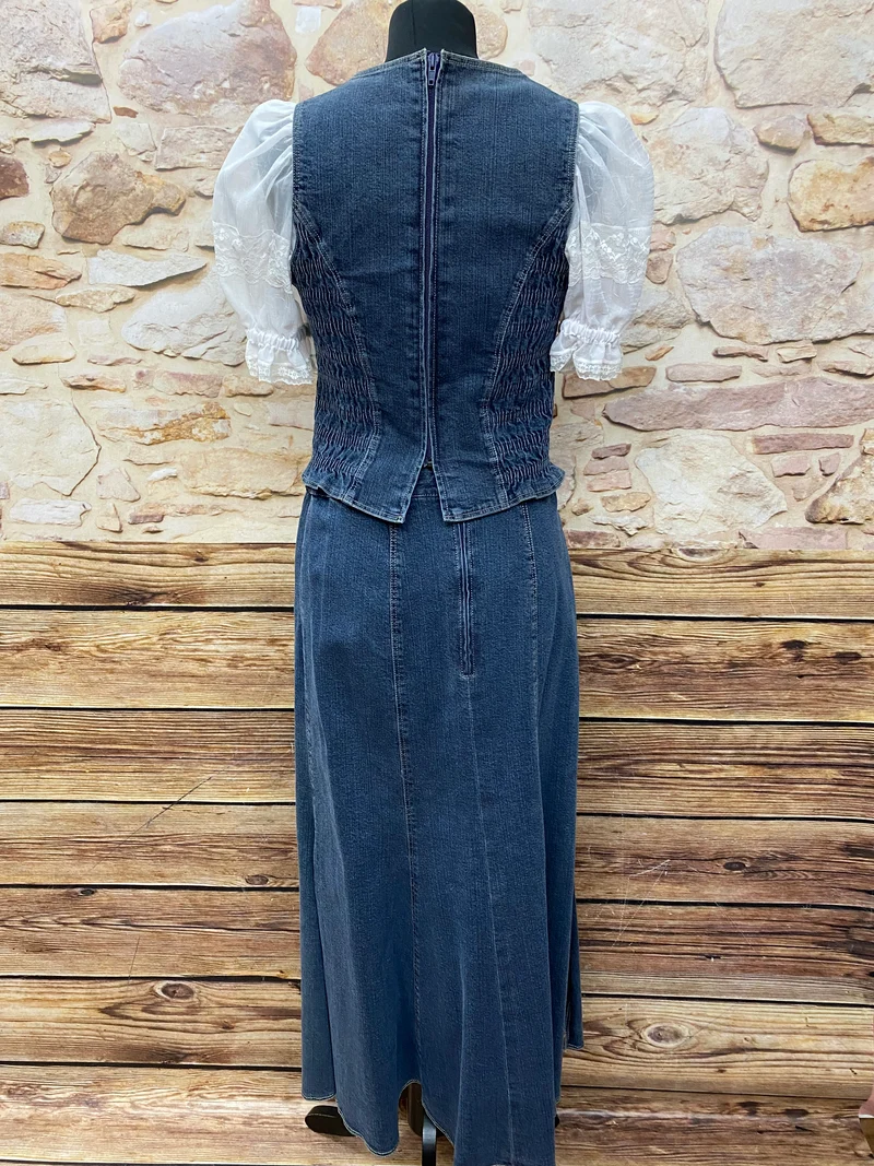 Landhaus-Trachtenzweiteiler Gr. 40 – Denim-Optik in Blau/Weiß