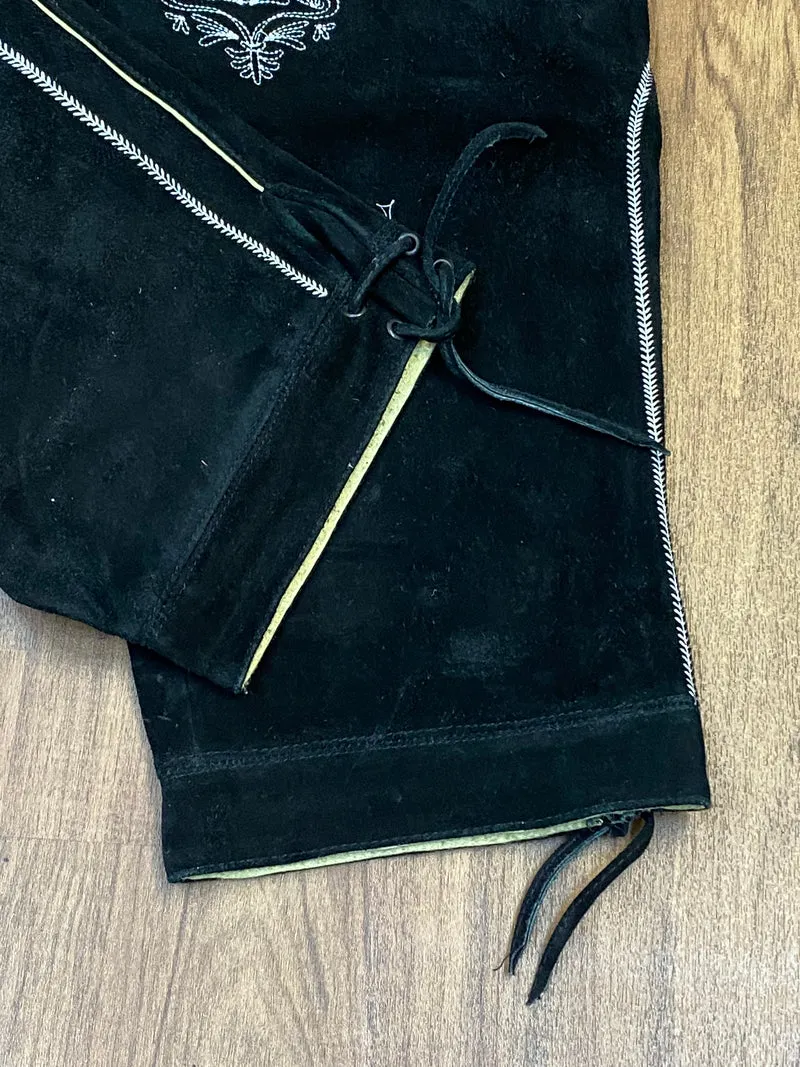Vintage Kniebundlederhose Herren Schwarz Achim Klein Größe 56 Echtleder bestickt