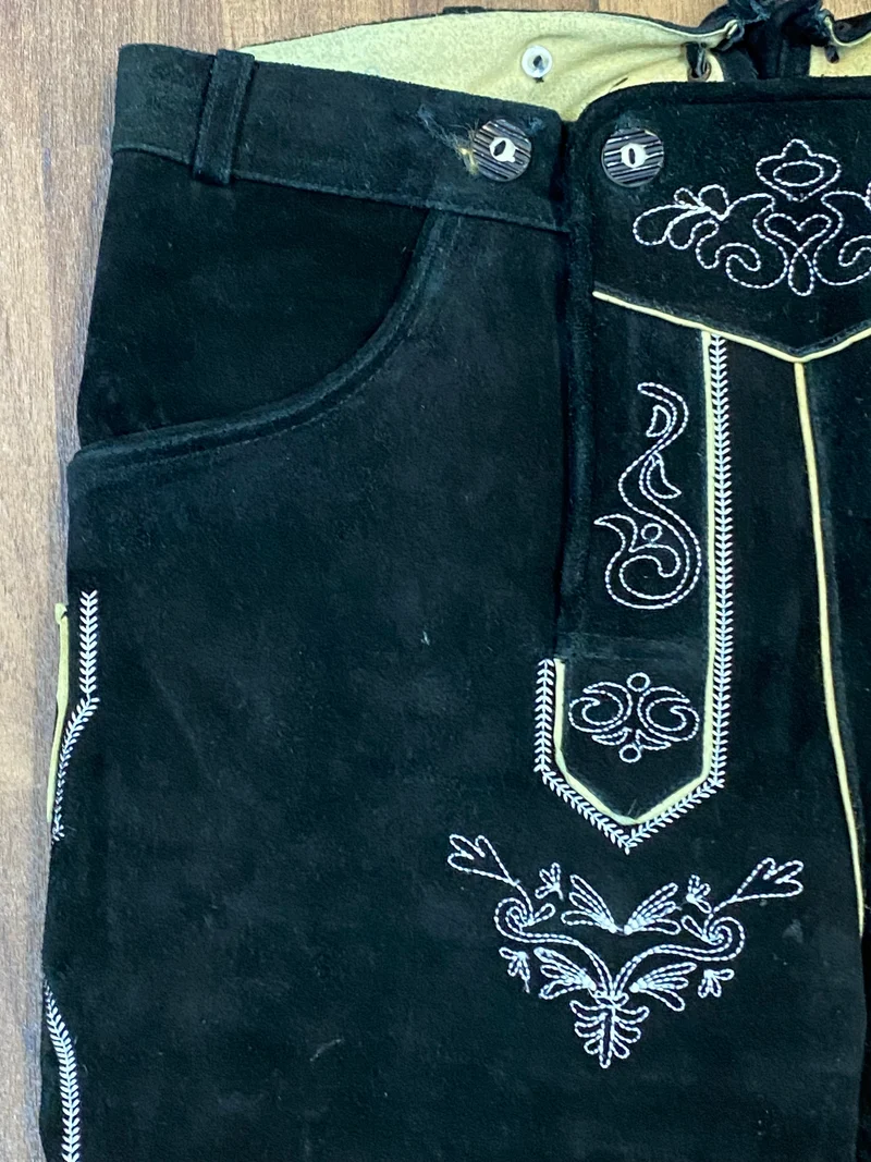 Vintage Kniebundlederhose Herren Schwarz Achim Klein Größe 56 Echtleder bestickt