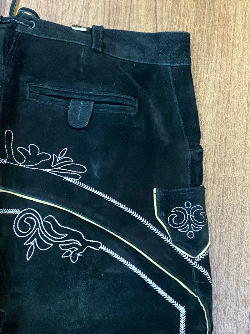 Vintage Kniebundlederhose Herren Schwarz Achim Klein Größe 56 Echtleder bestickt