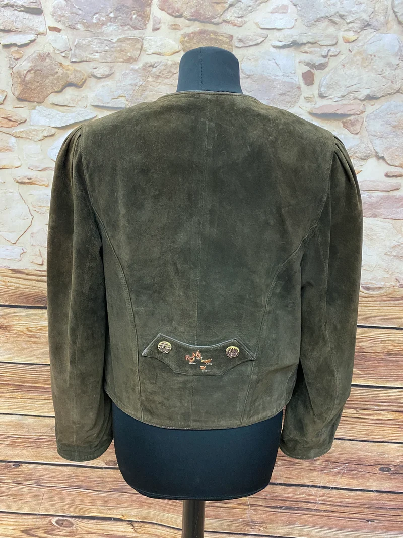 Vintage Trachten Lederjacke Damen Gr. 38 Braun Grün C&A Landhausstil