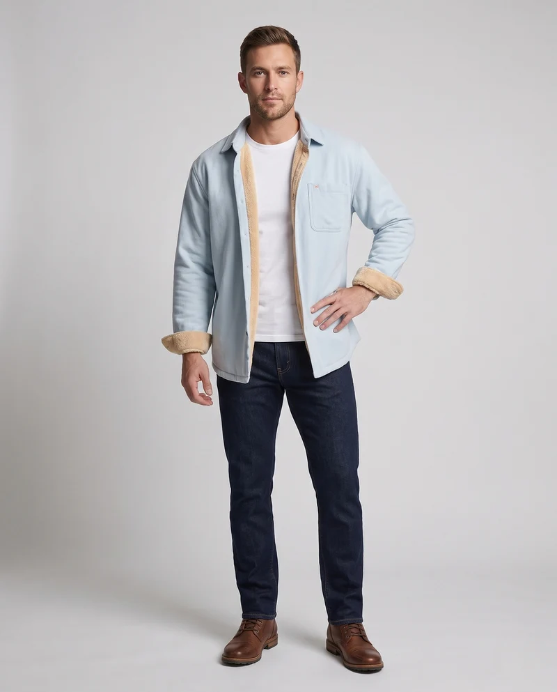 Herren Wärmegefüttertes Hemdjacke-Overshirt aus Baumwolltwill mit Plüschfutter Nord Taschen