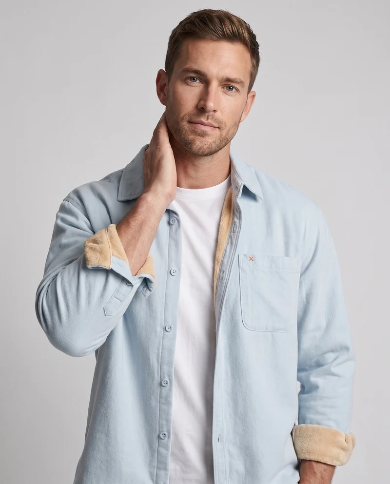 Herren Wärmegefüttertes Hemdjacke-Overshirt aus Baumwolltwill mit Plüschfutter Nord Taschen