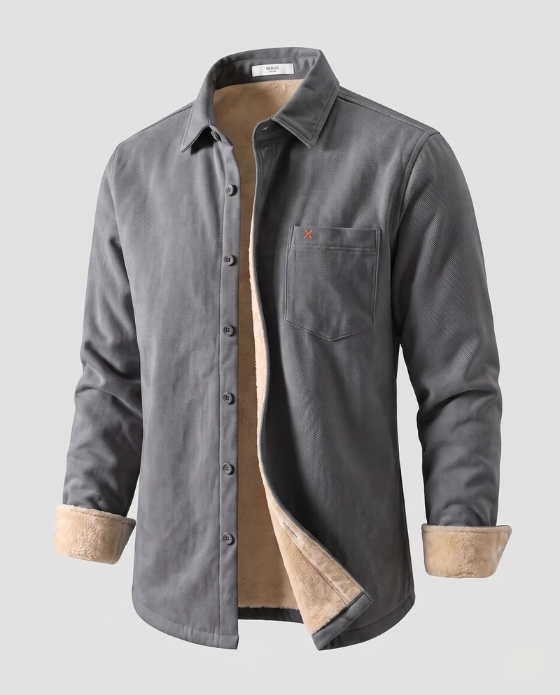 Herren Wärmegefüttertes Hemdjacke-Overshirt aus Baumwolltwill mit Plüschfutter Nord Taschen