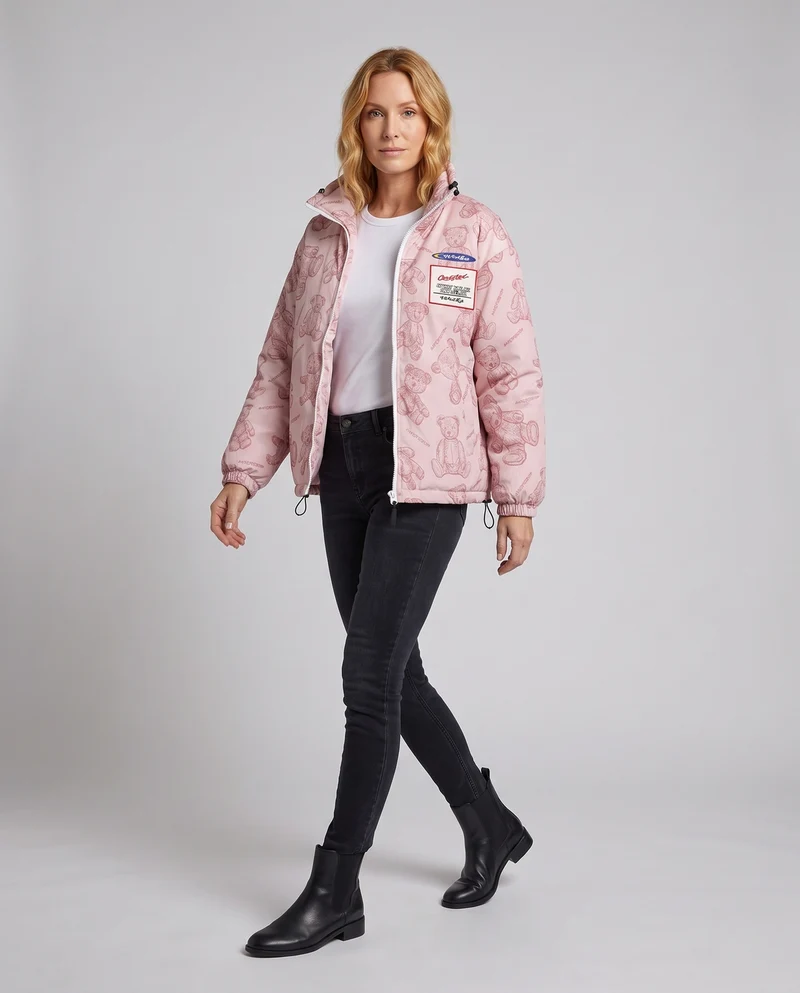 Damen Gepolsterte Teddy-Print-Steppjacke mit Stehkragen und Kordelzug Nord Taschen
