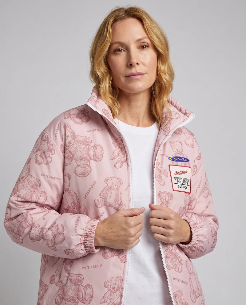 Damen Gepolsterte Teddy-Print-Steppjacke mit Stehkragen und Kordelzug Nord Taschen