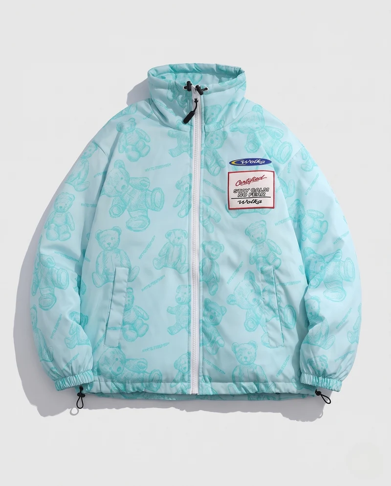 Damen Gepolsterte Teddy-Print-Steppjacke mit Stehkragen und Kordelzug Nord Taschen