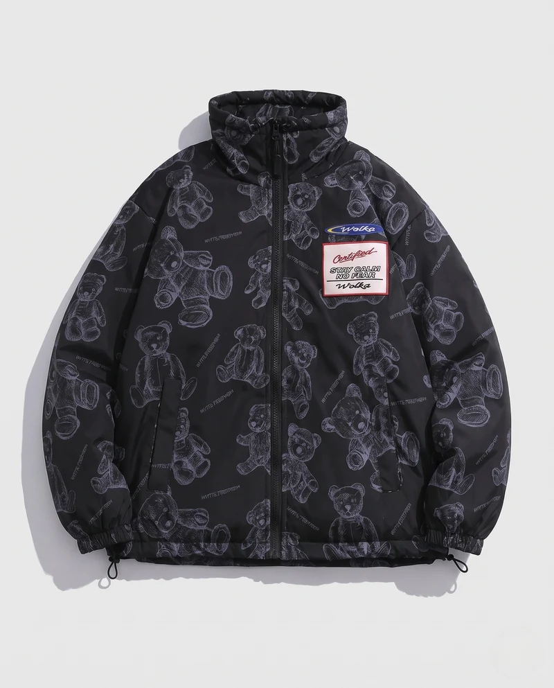 Damen Gepolsterte Teddy-Print-Steppjacke mit Stehkragen und Kordelzug Nord Taschen