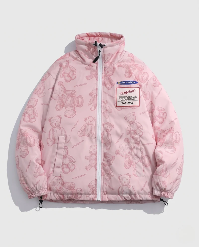 Damen Gepolsterte Teddy-Print-Steppjacke mit Stehkragen und Kordelzug Nord Taschen