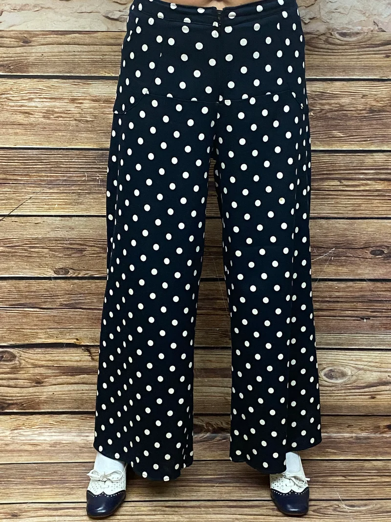 Vintage Stoffhose für Damen Gr.42, blau-weiß mit Punkte