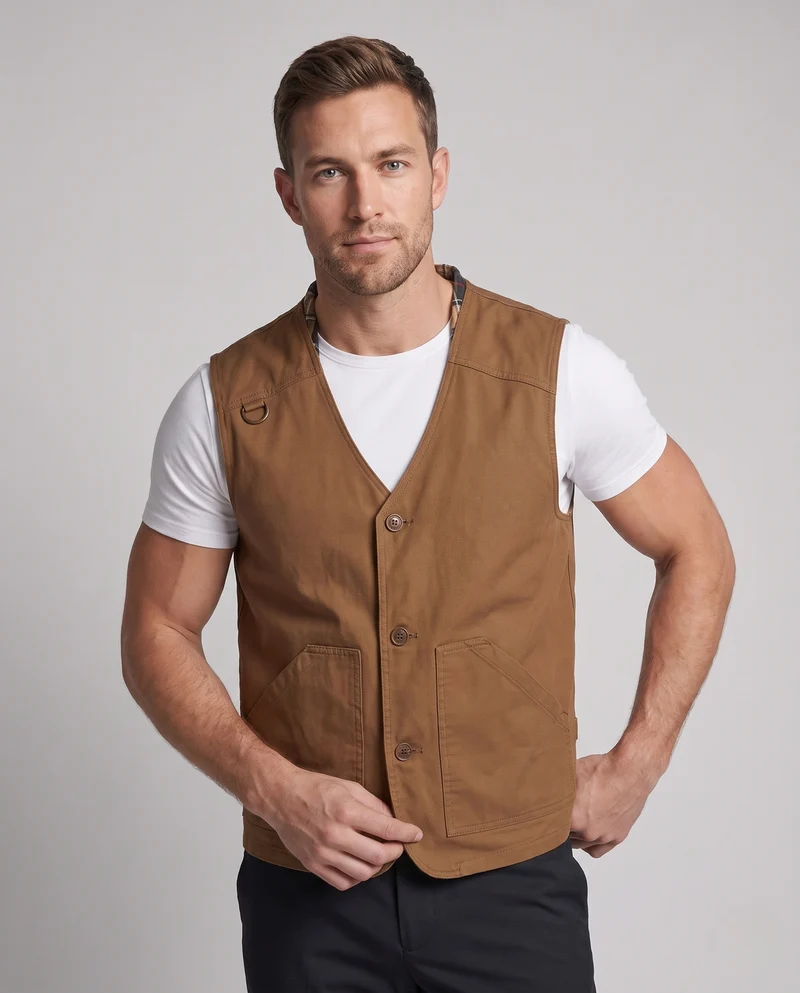 Herren Ärmellose Denim-Utility-Weste mit Karofutter V-Ausschnitt und großformatigen Fronttaschen Nord Taschen