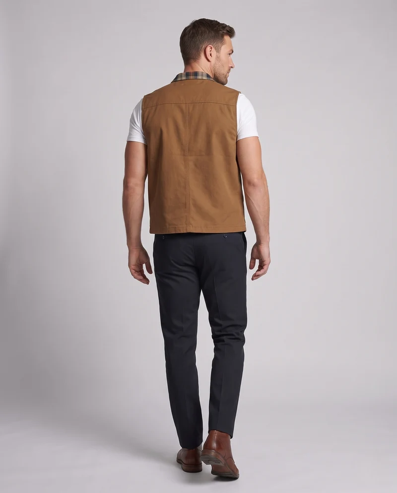 Herren Ärmellose Denim-Utility-Weste mit Karofutter V-Ausschnitt und großformatigen Fronttaschen Nord Taschen