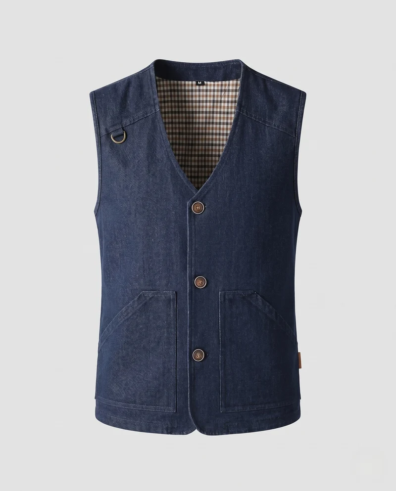 Herren Ärmellose Denim-Utility-Weste mit Karofutter V-Ausschnitt und großformatigen Fronttaschen Nord Taschen