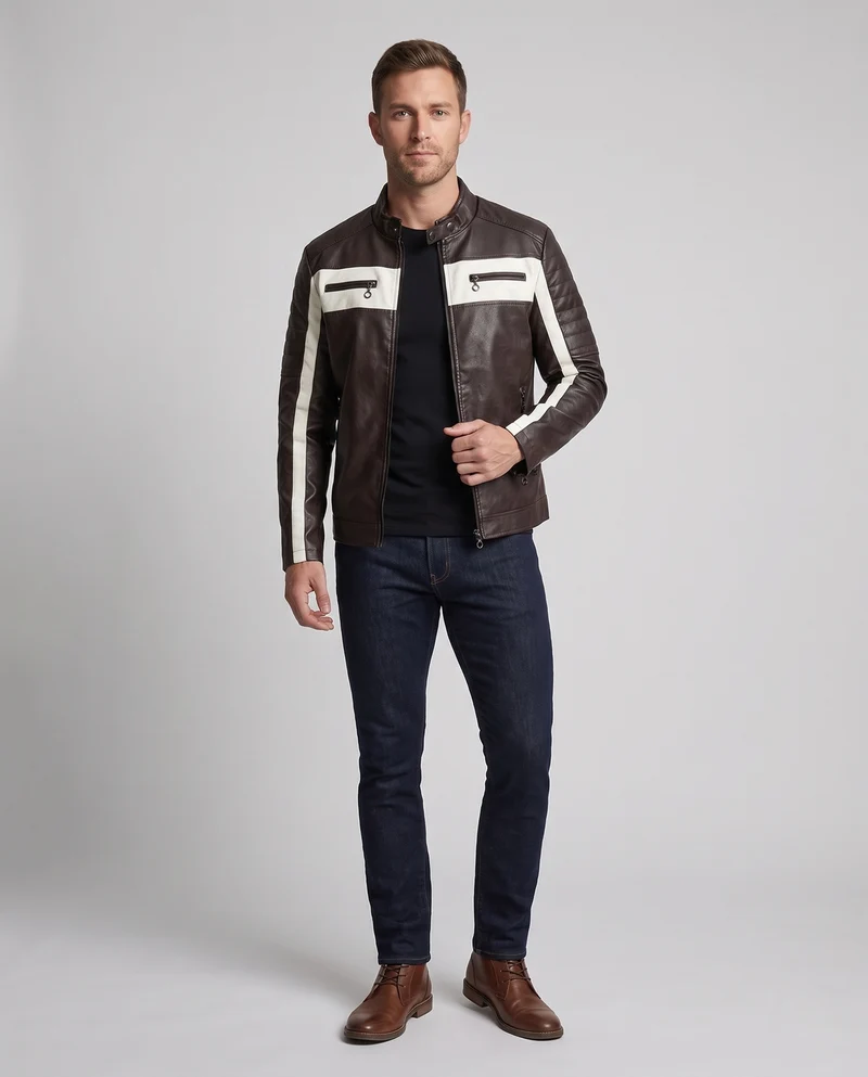 Herren Biker-Lederjacke im Racing-Style mit Stehkragen und Kontraststreifen Nord Taschen