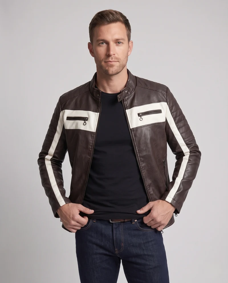 Herren Biker-Lederjacke im Racing-Style mit Stehkragen und Kontraststreifen Nord Taschen
