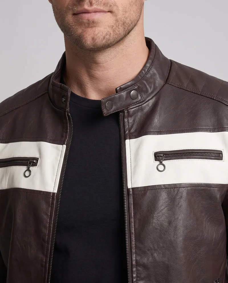 Herren Biker-Lederjacke im Racing-Style mit Stehkragen und Kontraststreifen Nord Taschen