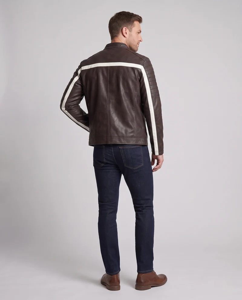 Herren Biker-Lederjacke im Racing-Style mit Stehkragen und Kontraststreifen Nord Taschen
