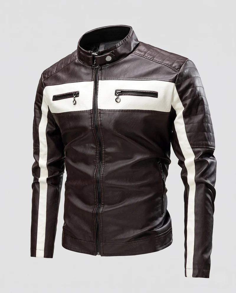 Herren Biker-Lederjacke im Racing-Style mit Stehkragen und Kontraststreifen Nord Taschen