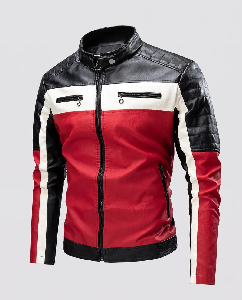 Herren Biker-Lederjacke im Racing-Style mit Stehkragen und Kontraststreifen Nord Taschen
