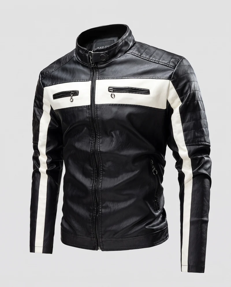 Herren Biker-Lederjacke im Racing-Style mit Stehkragen und Kontraststreifen Nord Taschen