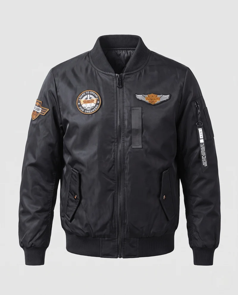 Herren Bomberjacke im Aviatorstil mit gestepptem Thermofutter, Stickpatches und Ärmeltasche Nord Taschen