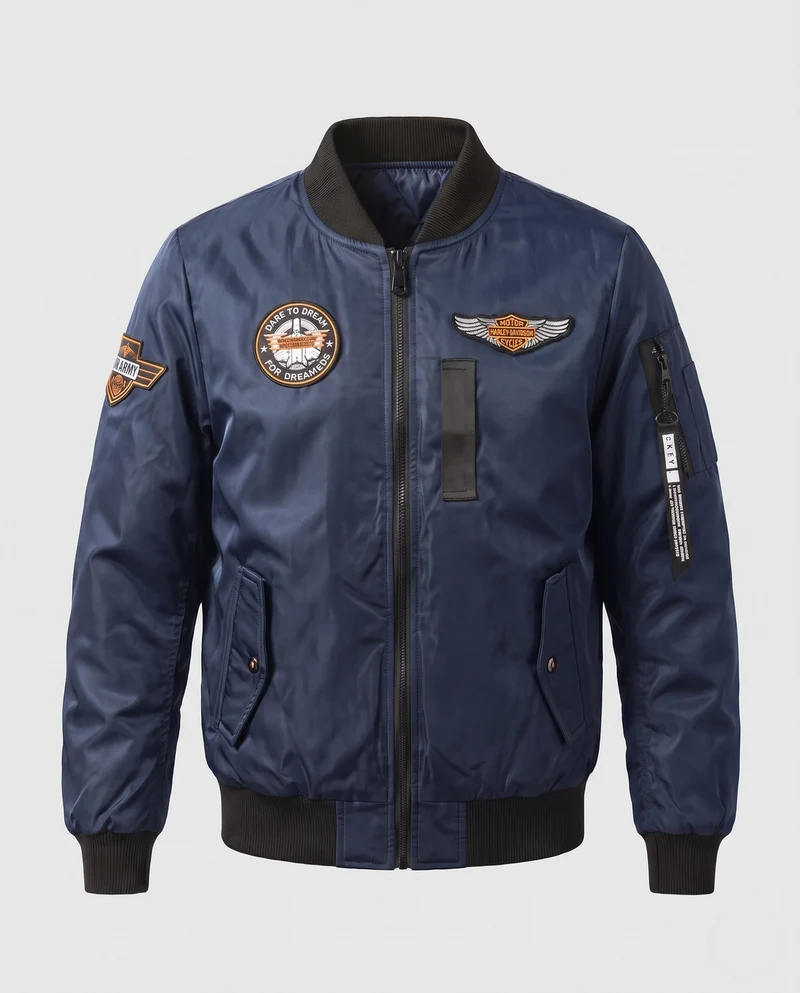 Herren Bomberjacke im Aviatorstil mit gestepptem Thermofutter, Stickpatches und Ärmeltasche Nord Taschen
