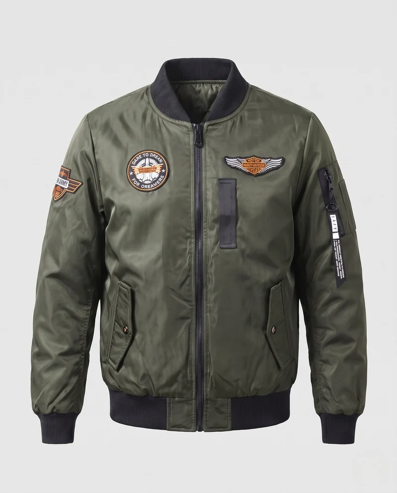 Herren Bomberjacke im Aviatorstil mit gestepptem Thermofutter, Stickpatches und Ärmeltasche Nord Taschen