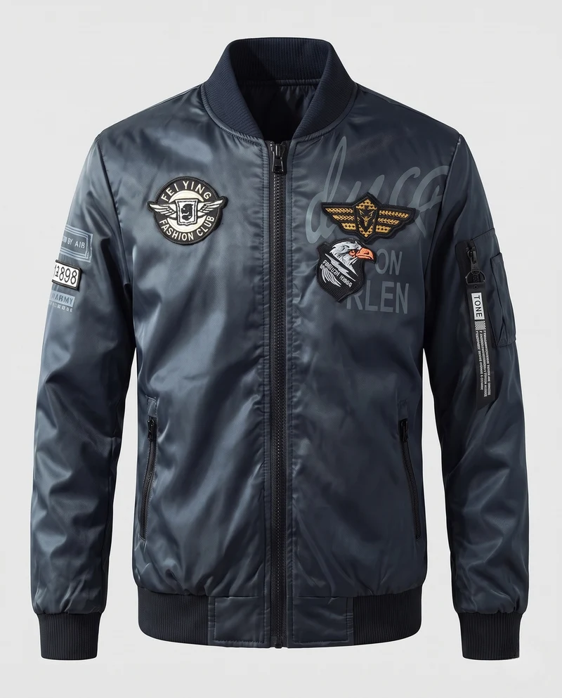 Herren Bomberjacke im Aviatorstil mit Military‑Patches, Ärmeltasche und Rippbündchen Nord Taschen
