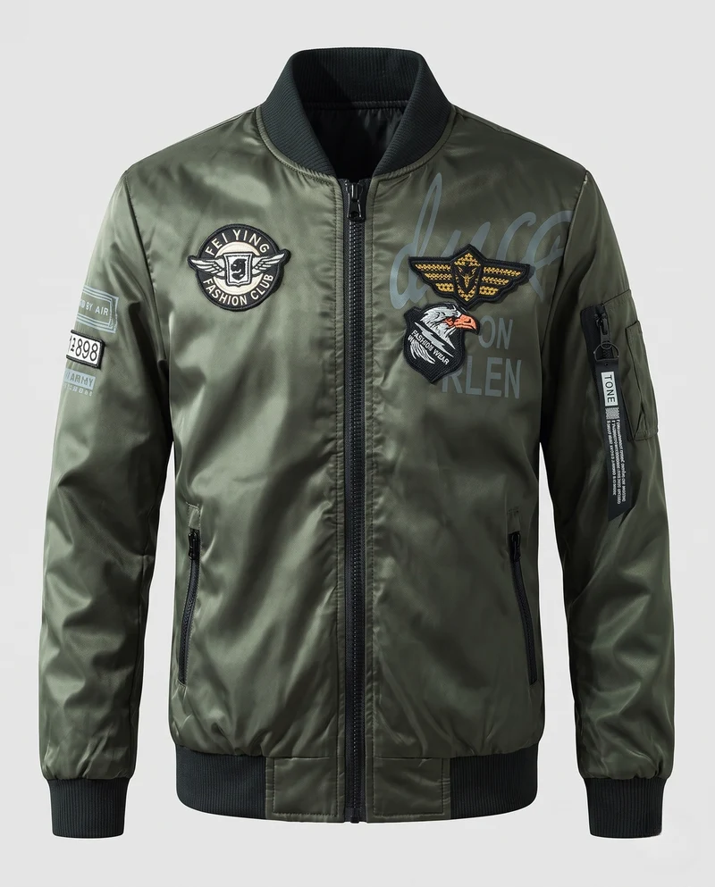 Herren Bomberjacke im Aviatorstil mit Military‑Patches, Ärmeltasche und Rippbündchen Nord Taschen