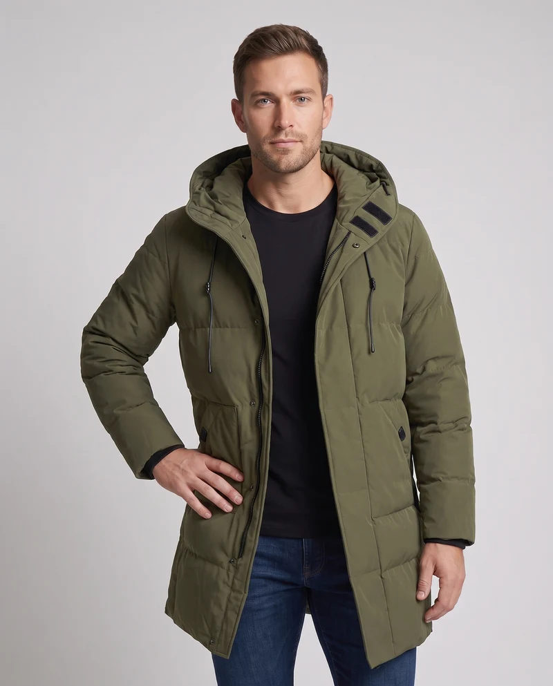 Herren Langer Steppparka mit wasserabweisender Außenhülle und Tunnelzugkapuze Nord Taschen