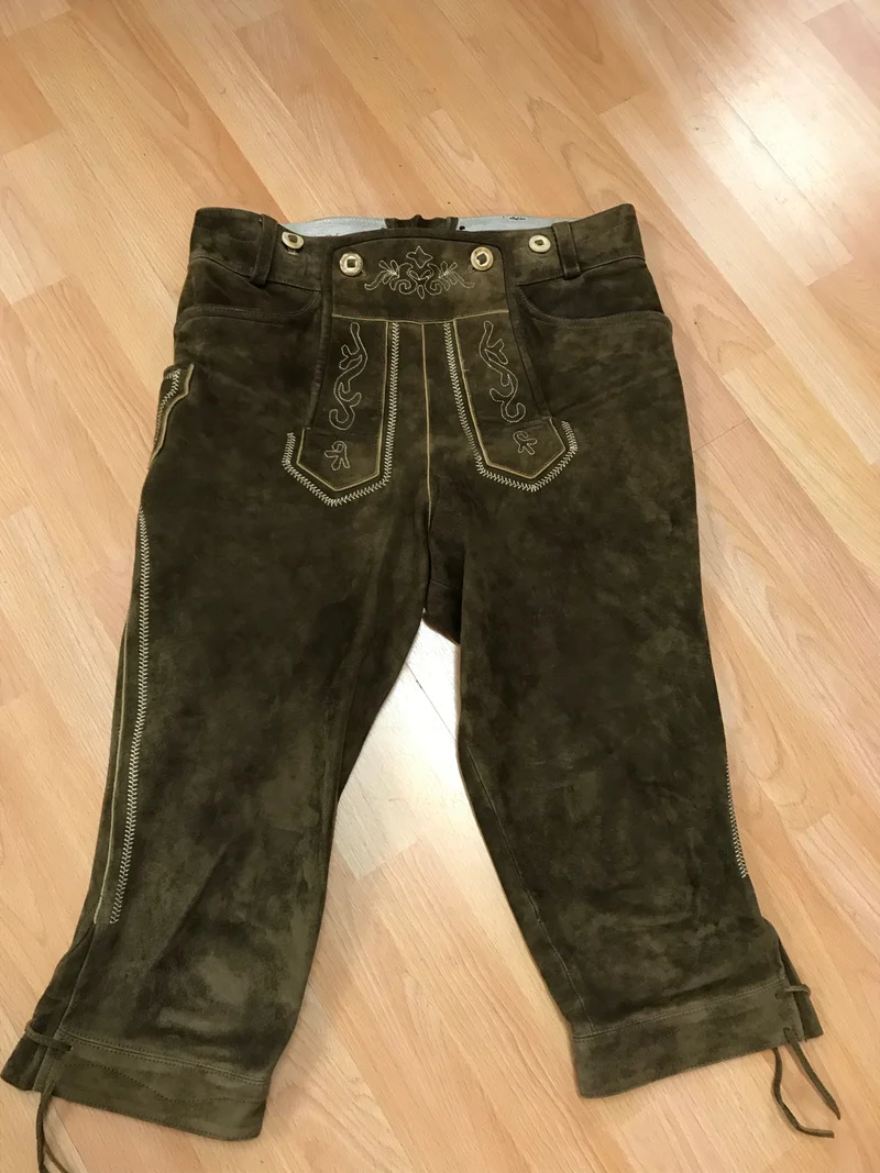 Vintage Trachten Lederhose Kniebund Distler – dunkelbraun, bestickt, Größe 50