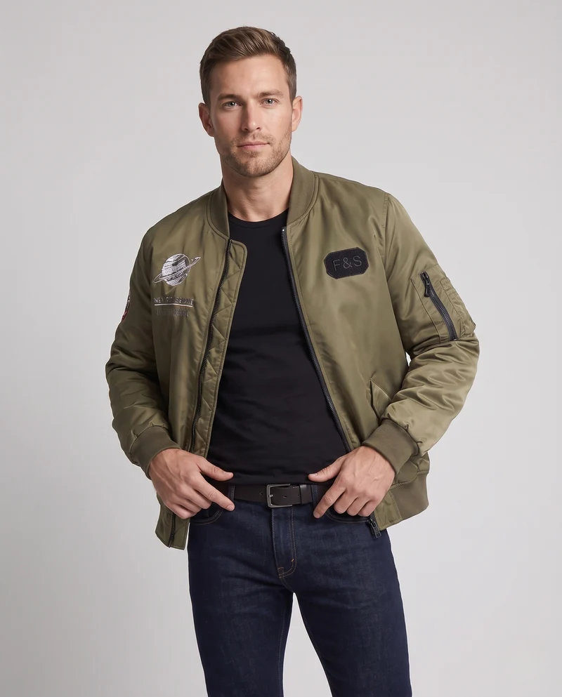 Herren Bomberjacke im Pilotstil mit gestickten Space-Details und Reißverschluss-Ärmeltasche Nord Taschen