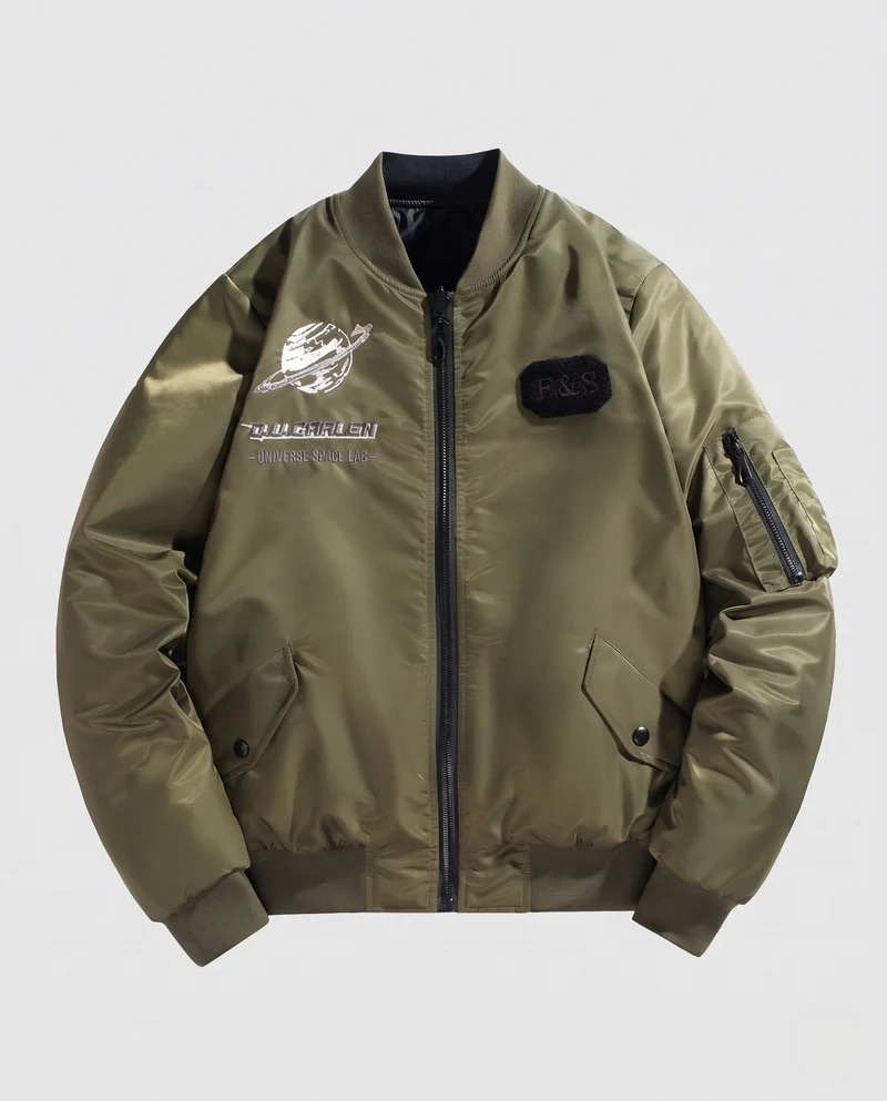 Herren Bomberjacke im Pilotstil mit gestickten Space-Details und Reißverschluss-Ärmeltasche Nord Taschen