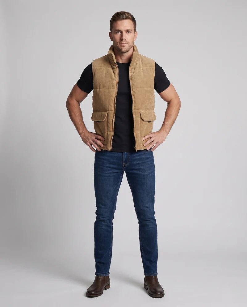 Herren Cord-Steppweste mit wärmendem Teddyfutter, Klappentaschen und hohem Stehkragen Nord Taschen