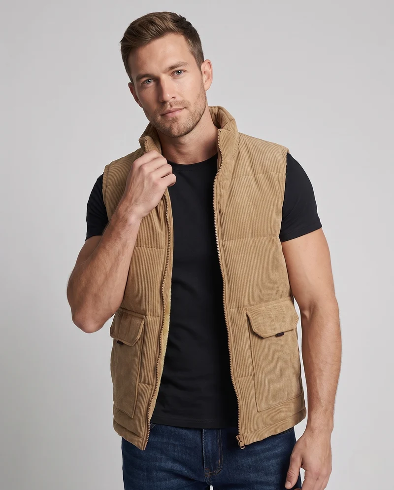 Herren Cord-Steppweste mit wärmendem Teddyfutter, Klappentaschen und hohem Stehkragen Nord Taschen