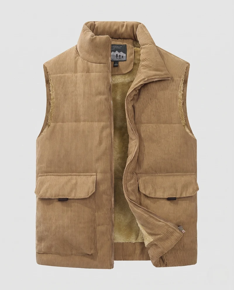Herren Cord-Steppweste mit wärmendem Teddyfutter, Klappentaschen und hohem Stehkragen Nord Taschen