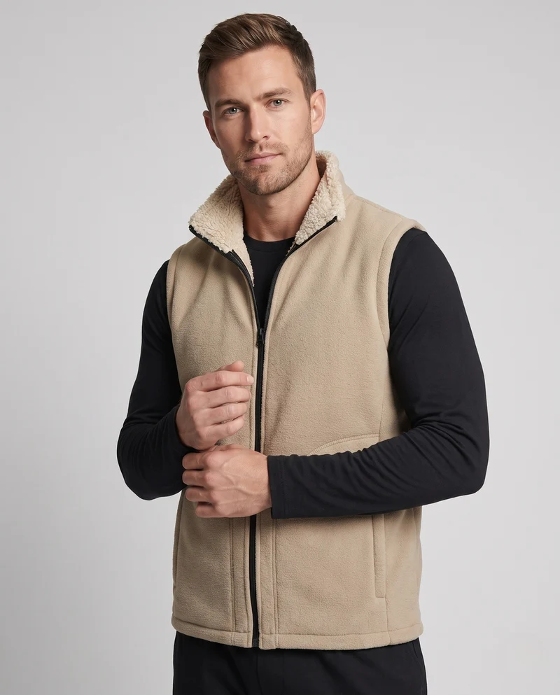 Herren Fleece-Isolationsweste mit kuscheligem Sherpa-Innenfutter und hochschließendem Stehkragen Nord Taschen