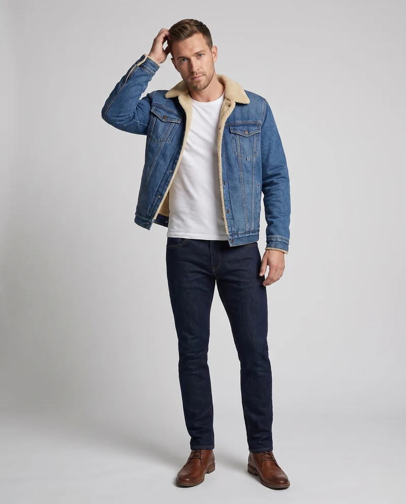 Herren Gefütterte Denim-Jeansjacke mit Teddyfutter, hohem Kragen und Thermoisolierung Nord Taschen