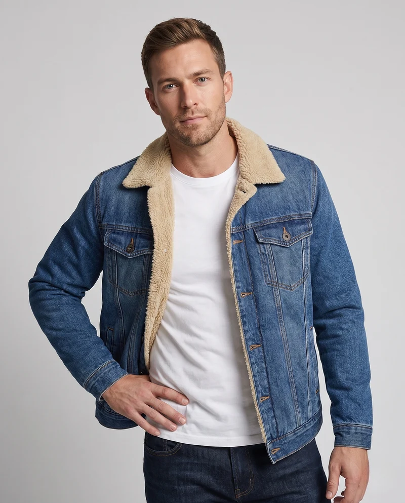 Herren Gefütterte Denim-Jeansjacke mit Teddyfutter, hohem Kragen und Thermoisolierung Nord Taschen