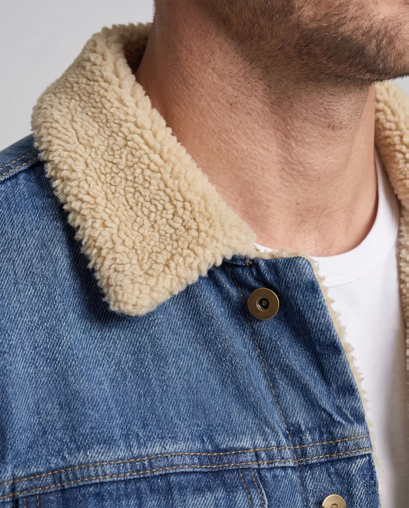 Herren Gefütterte Denim-Jeansjacke mit Teddyfutter, hohem Kragen und Thermoisolierung Nord Taschen