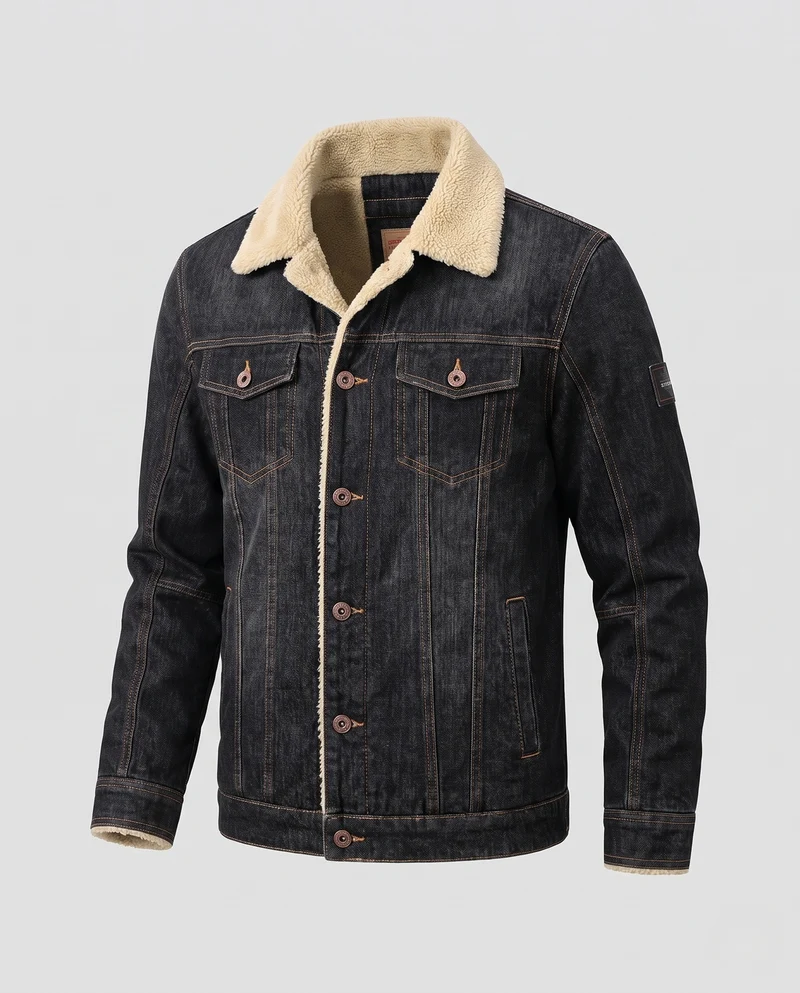 Herren Gefütterte Denim-Jeansjacke mit Teddyfutter, hohem Kragen und Thermoisolierung Nord Taschen