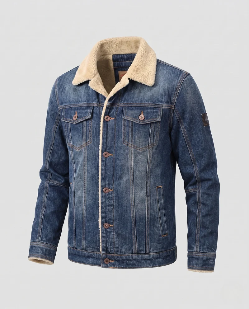 Herren Gefütterte Denim-Jeansjacke mit Teddyfutter, hohem Kragen und Thermoisolierung Nord Taschen