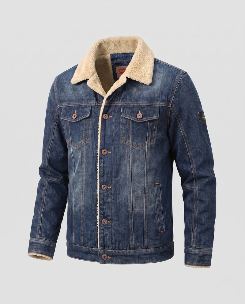 Herren Gefütterte Denim-Jeansjacke mit Teddyfutter, hohem Kragen und Thermoisolierung Nord Taschen