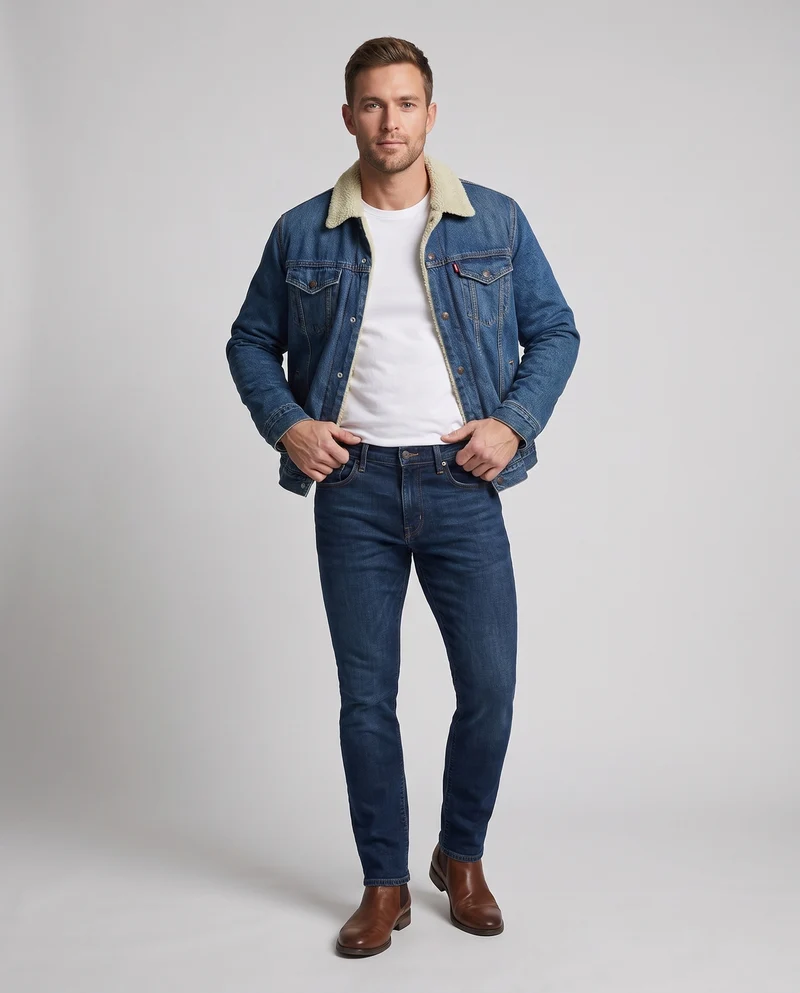 Herren Gefütterte Denim-Truckerjacke mit Teddyfleece-Innenfutter Nord Taschen