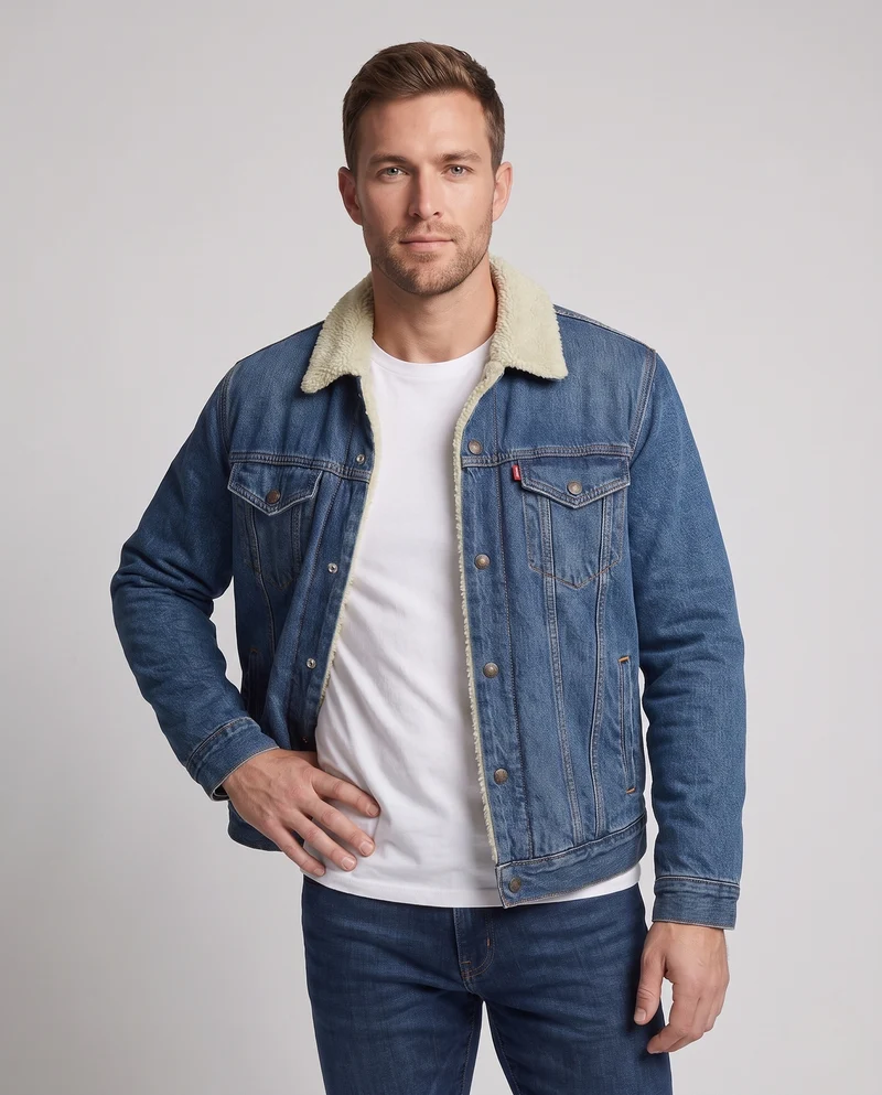 Herren Gefütterte Denim-Truckerjacke mit Teddyfleece-Innenfutter Nord Taschen