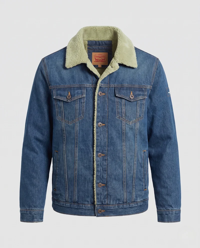 Herren Gefütterte Denim-Truckerjacke mit Teddyfleece-Innenfutter Nord Taschen