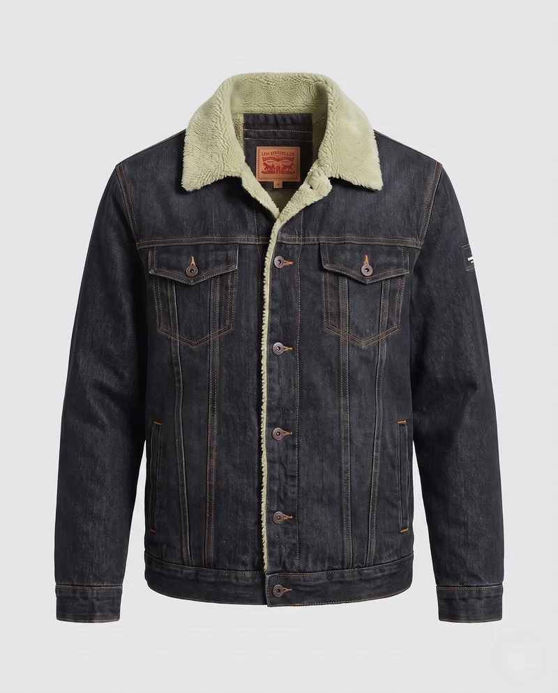 Herren Gefütterte Denim-Truckerjacke mit Teddyfleece-Innenfutter Nord Taschen