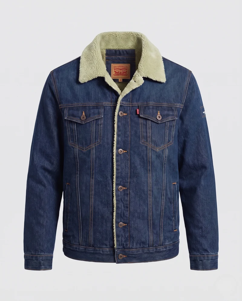 Herren Gefütterte Denim-Truckerjacke mit Teddyfleece-Innenfutter Nord Taschen
