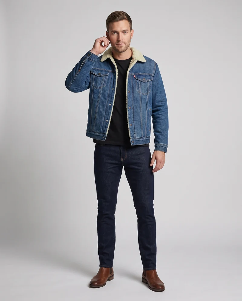 Herren Gefütterte Denim-Truckerjacke mit Teddyfutter und Kontrastnähten Nord Taschen