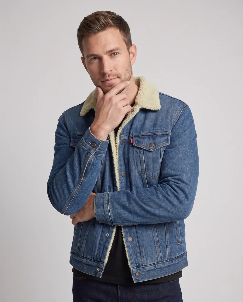 Herren Gefütterte Denim-Truckerjacke mit Teddyfutter und Kontrastnähten Nord Taschen